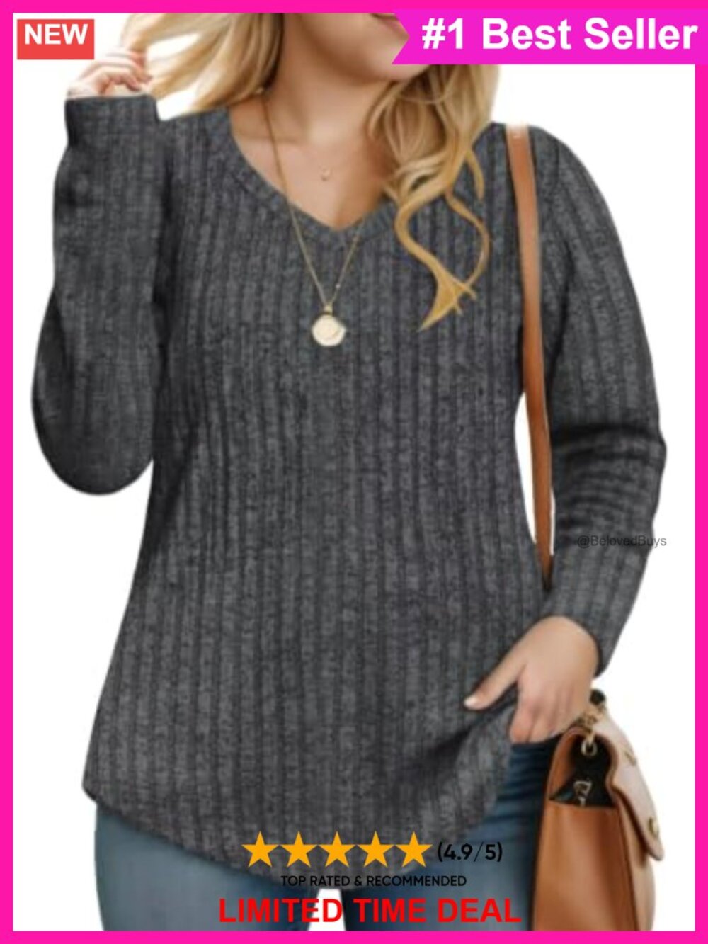 Plus Size V-Neck Long Sleeve Tunic Top Lightweight Knit Pullover Casual